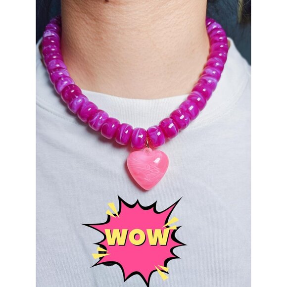 Women's Pink Heart Pendant Beaded Statement Boho Beautiful Chokers Necklace - Picture 3 of 8
